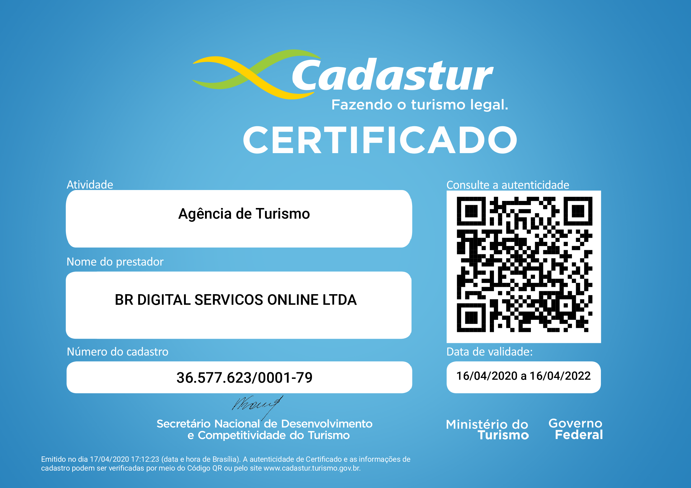 Certificado emitido pela Cadastur